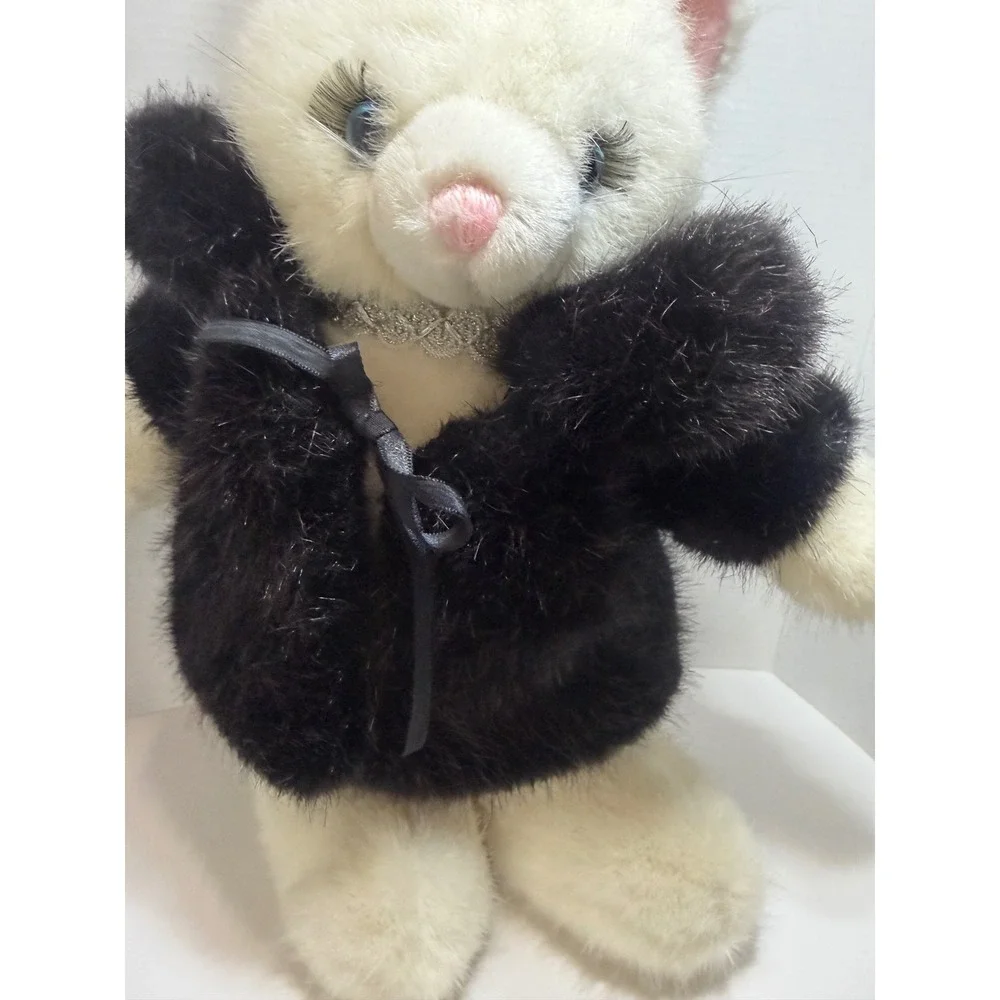 Vintage Russ Berrie Jennifer White Cat Plush Black Faux Fur Coat Eyelashes Korea
